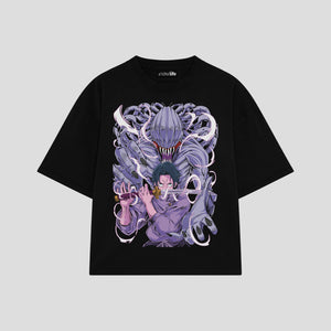 Playera streetwear premium de anime y gaming ExtraLife MX, corte boxy oversized drop shoulder heavyweight en color Deep Black y Off-White, moda urbana mexicana de culto.
