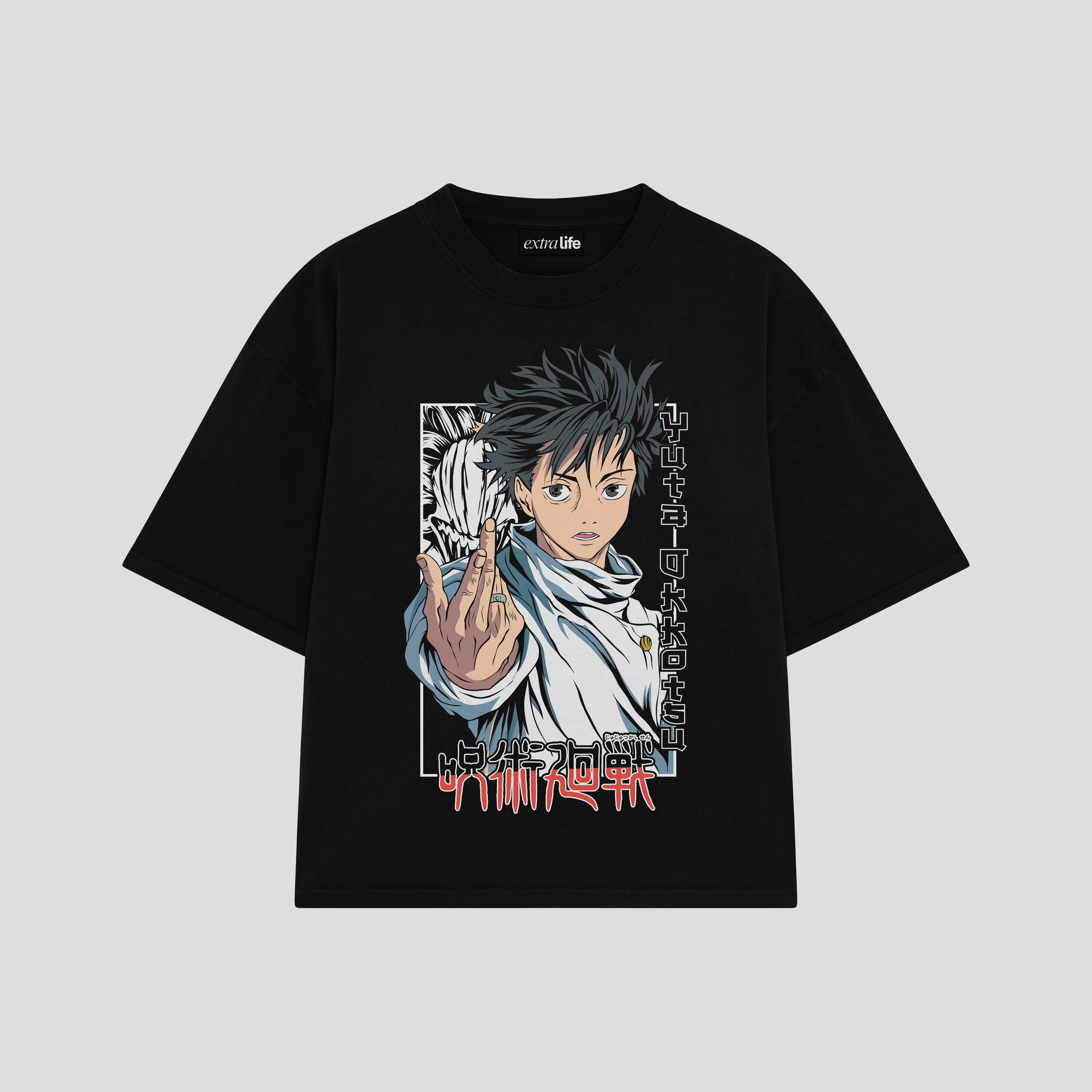Playera streetwear premium de anime y gaming ExtraLife MX, corte boxy oversized drop shoulder heavyweight en color Deep Black y Off-White, moda urbana mexicana de culto.