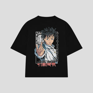 Playera streetwear premium de anime y gaming ExtraLife MX, corte boxy oversized drop shoulder heavyweight en color Deep Black y Off-White, moda urbana mexicana de culto.