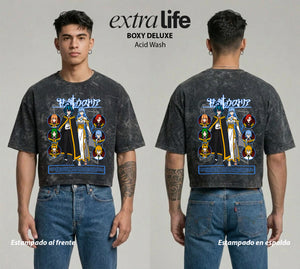 Playera streetwear premium de anime y gaming ExtraLife MX, corte boxy deluxe mineral wash heavyweight en color Acid Wash, moda urbana mexicana de culto.