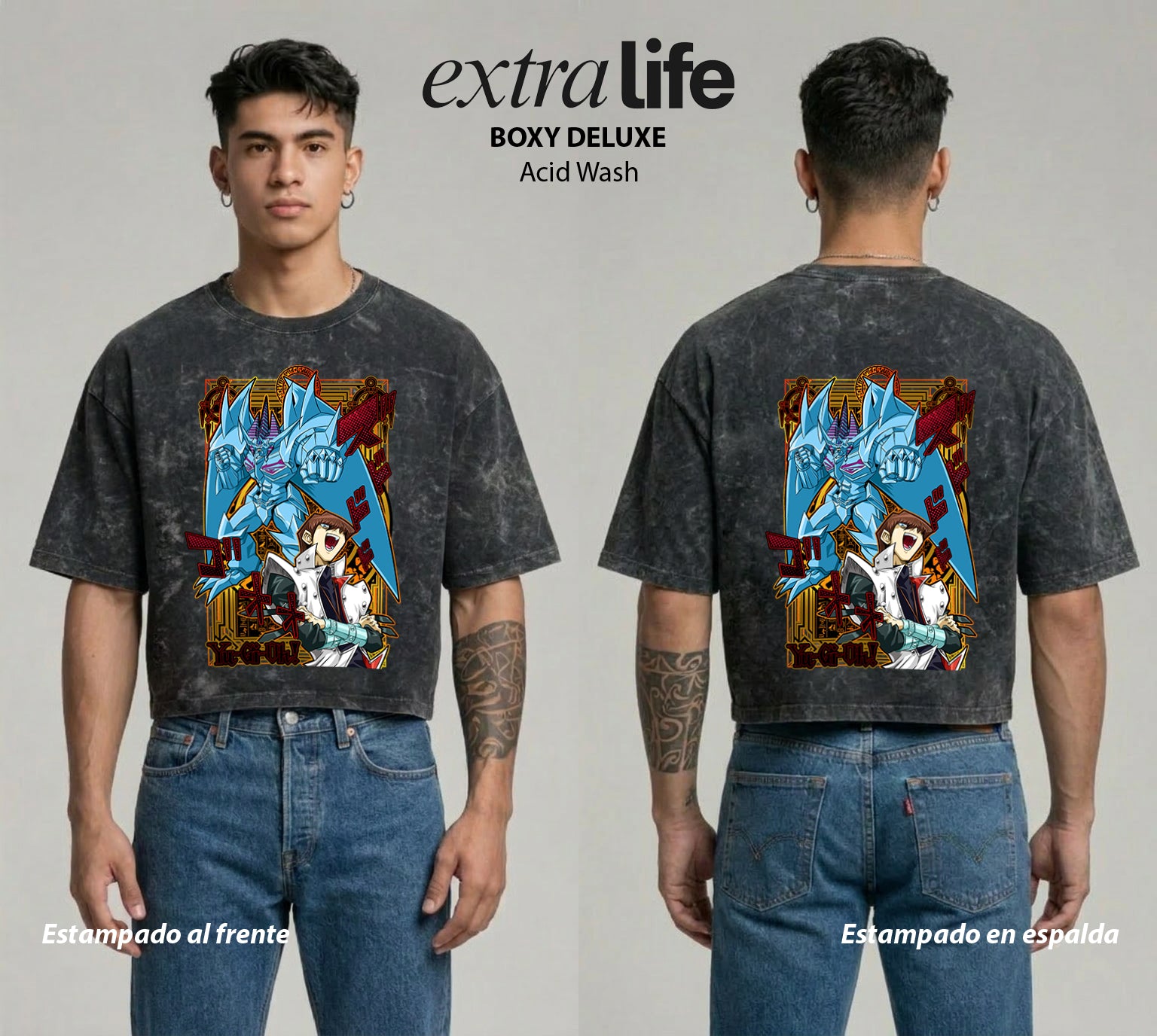 Playera streetwear premium de anime y gaming ExtraLife MX, corte boxy deluxe mineral wash heavyweight en color Acid Wash, moda urbana mexicana de culto.