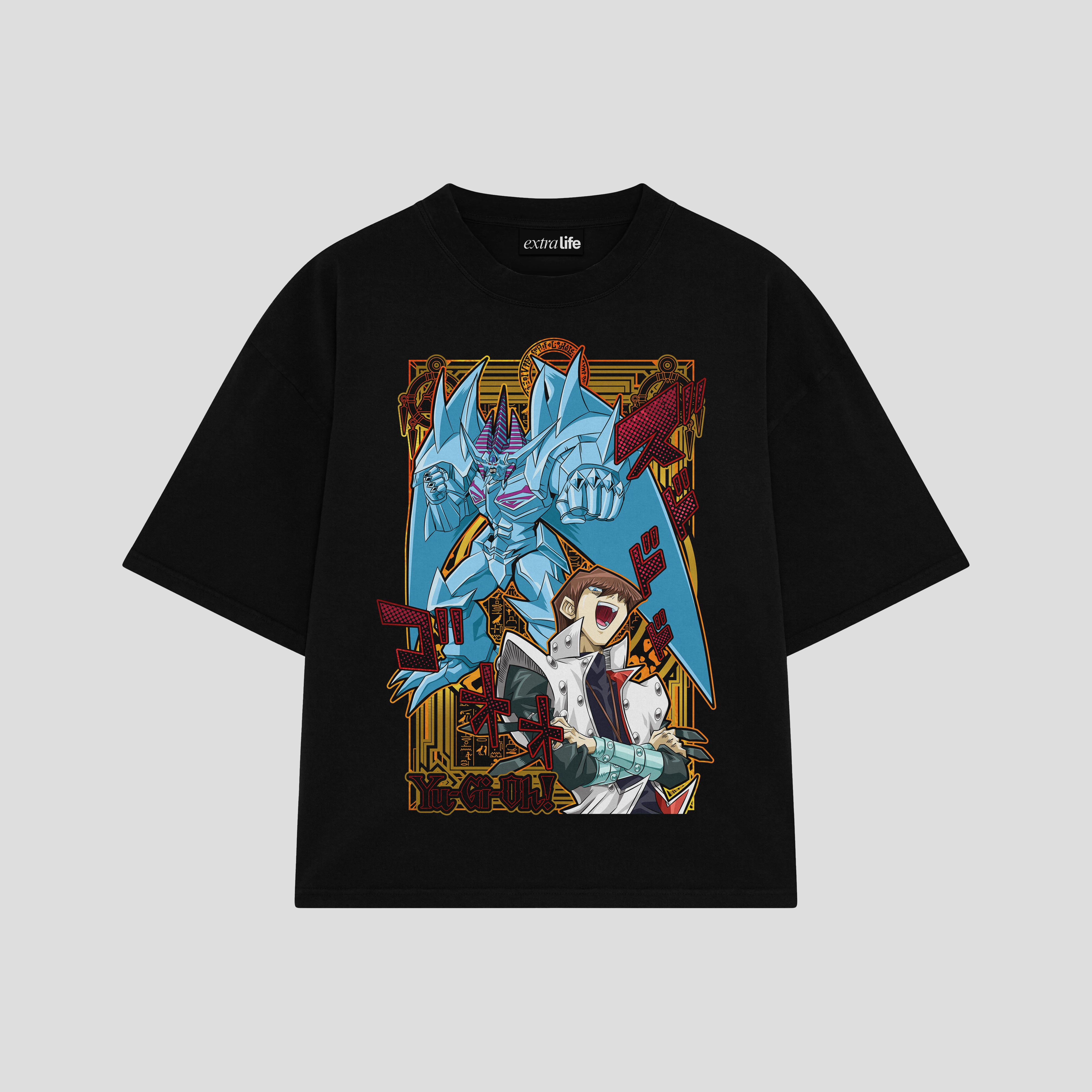 Playera streetwear premium de anime y gaming ExtraLife MX, corte boxy oversized drop shoulder heavyweight en color Deep Black y Off-White, moda urbana mexicana de culto.