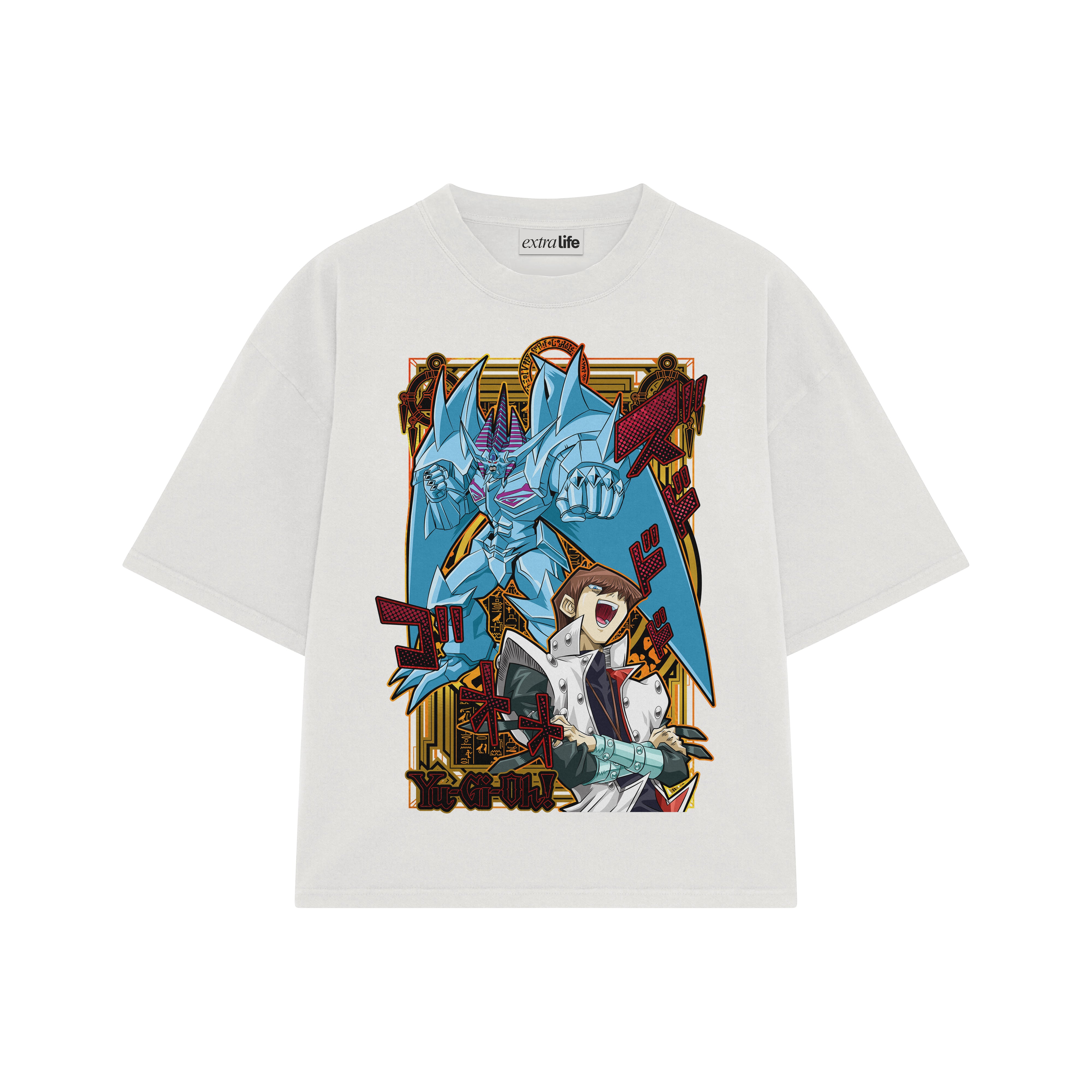 Playera streetwear premium de anime y gaming ExtraLife MX, corte boxy oversized drop shoulder heavyweight en color Deep Black y Off-White, moda urbana mexicana de culto.