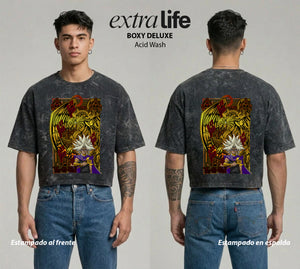 Playera streetwear premium de anime y gaming ExtraLife MX, corte boxy deluxe mineral wash heavyweight en color Acid Wash, moda urbana mexicana de culto.
