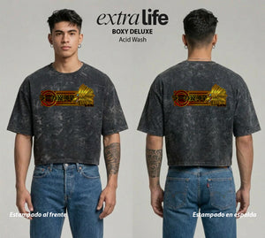 Playera streetwear premium de anime y gaming ExtraLife MX, corte boxy deluxe mineral wash heavyweight en color Acid Wash, moda urbana mexicana de culto.