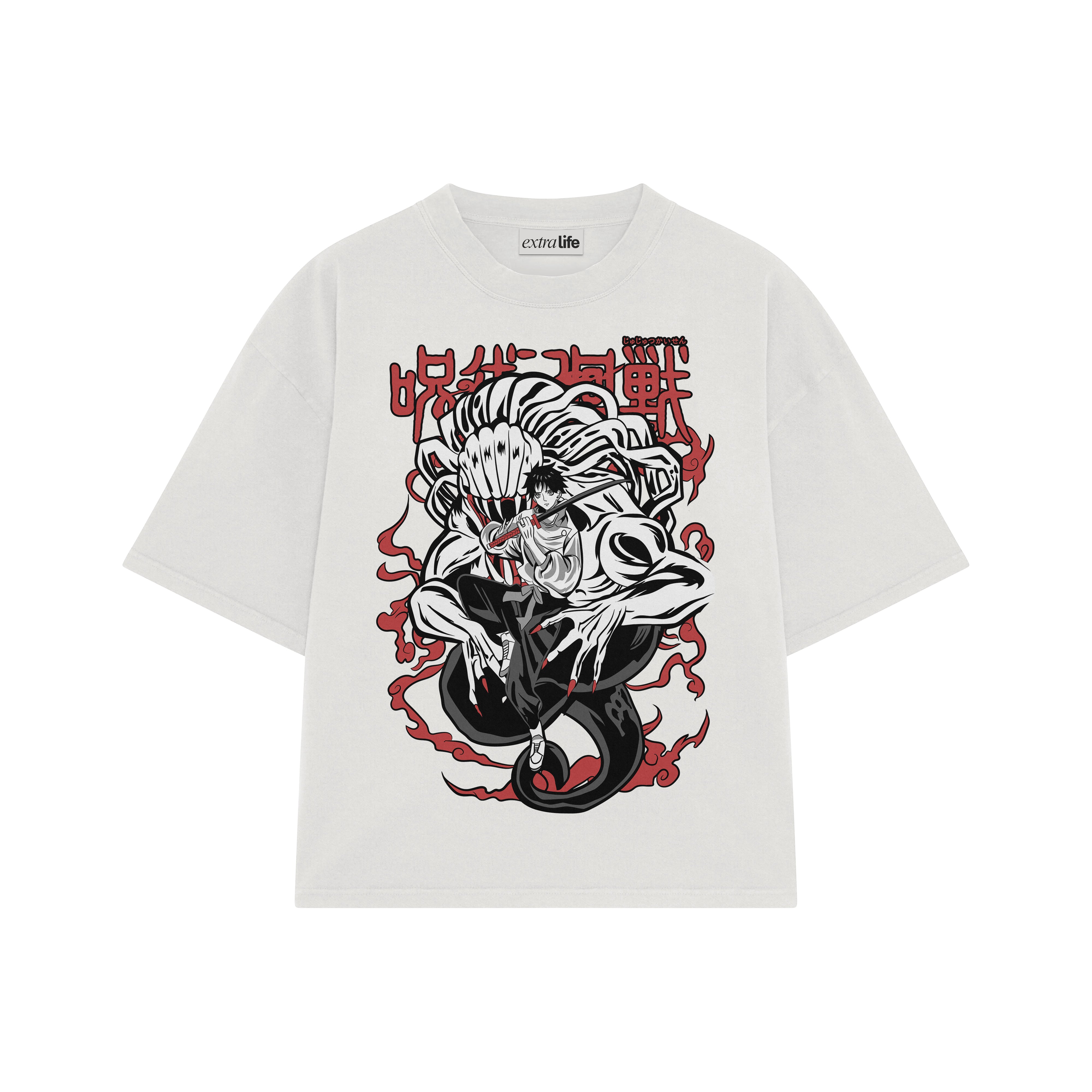 Playera streetwear premium de anime y gaming ExtraLife MX, corte boxy oversized drop shoulder heavyweight en color Deep Black y Off-White, moda urbana mexicana de culto.