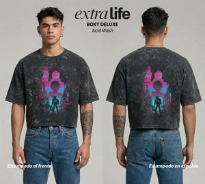 Playera streetwear premium de anime y gaming ExtraLife MX, corte boxy deluxe mineral wash heavyweight en color Acid Wash, moda urbana mexicana de culto.