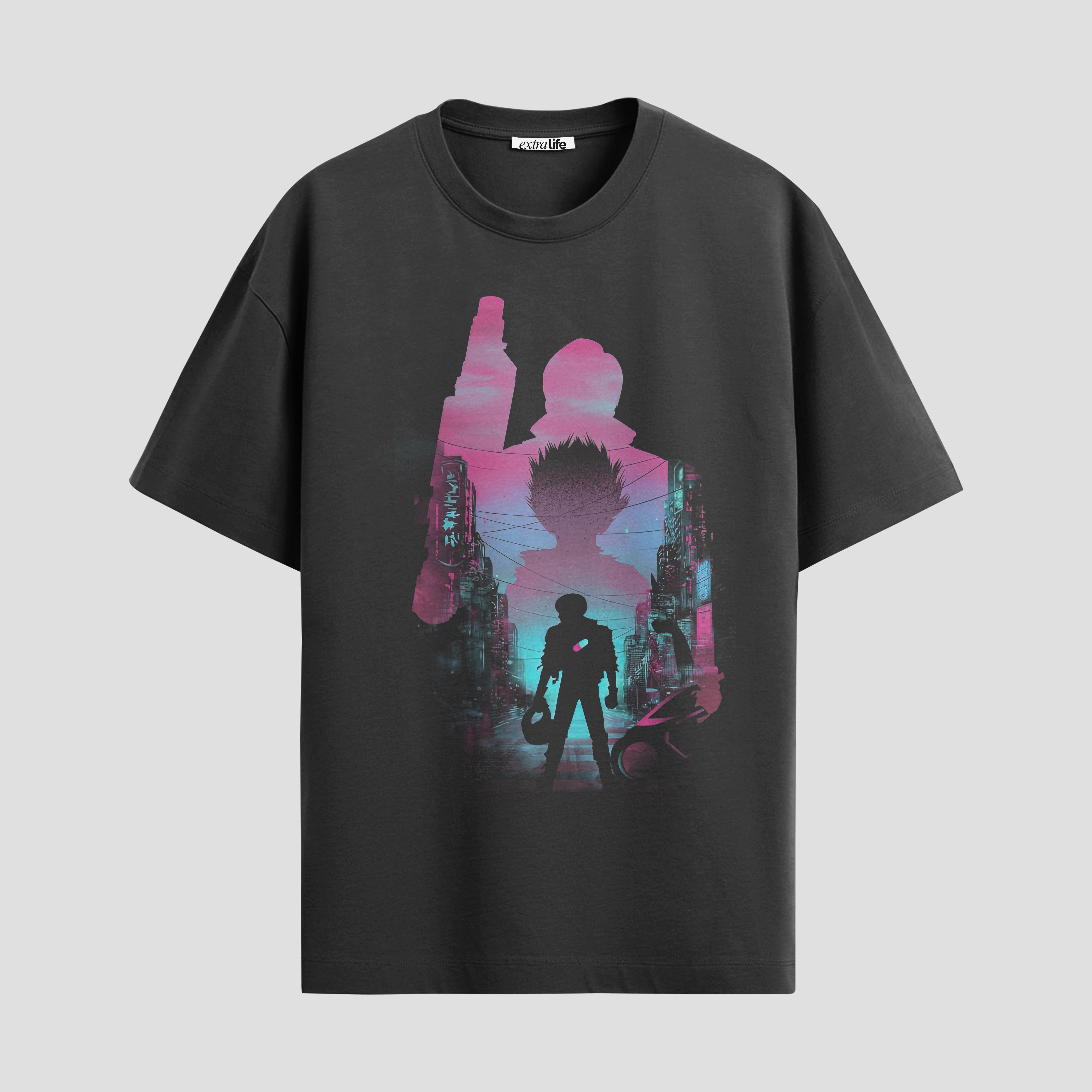 Playera urbana de anime y gaming ExtraLife MX, corte Standard Fit unisex ligero y transpirable en color Deep Black y Pure White, ropa de uso diario para gym y casual.