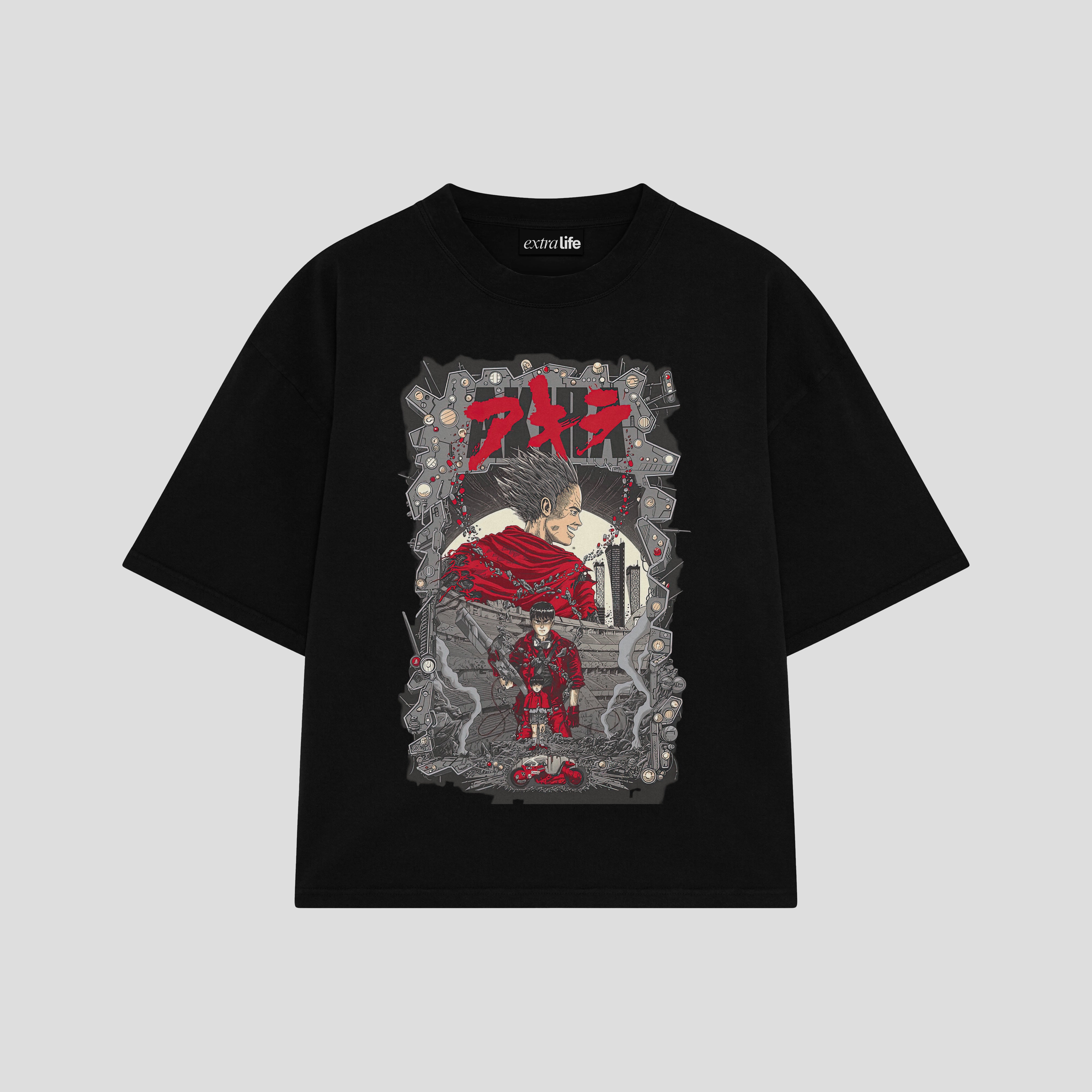 Playera streetwear premium de anime y gaming ExtraLife MX, corte boxy oversized drop shoulder heavyweight en color Deep Black y Off-White, moda urbana mexicana de culto.