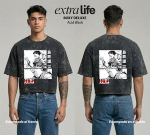 Playera streetwear premium de anime y gaming ExtraLife MX, corte boxy deluxe mineral wash heavyweight en color Acid Wash, moda urbana mexicana de culto.