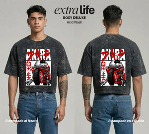 Playera streetwear premium de anime y gaming ExtraLife MX, corte boxy deluxe mineral wash heavyweight en color Acid Wash, moda urbana mexicana de culto.