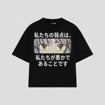 Playera streetwear premium de anime y gaming ExtraLife MX, corte boxy oversized drop shoulder heavyweight en color Deep Black y Off-White, moda urbana mexicana de culto.