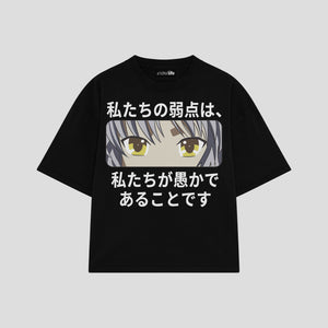 Playera streetwear premium de anime y gaming ExtraLife MX, corte boxy oversized drop shoulder heavyweight en color Deep Black y Off-White, moda urbana mexicana de culto.