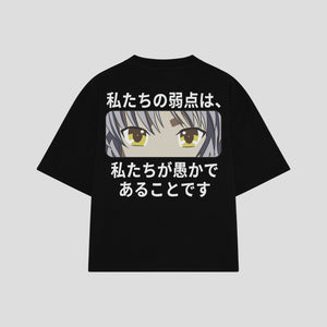 Playera streetwear premium de anime y gaming ExtraLife MX, corte boxy oversized drop shoulder heavyweight en color Deep Black y Off-White, moda urbana mexicana de culto.