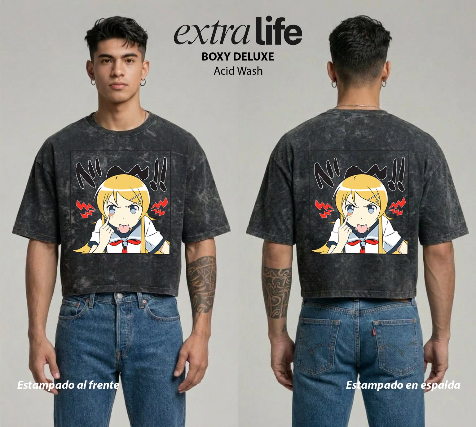 Playera streetwear premium de anime y gaming ExtraLife MX, corte boxy deluxe mineral wash heavyweight en color Acid Wash, moda urbana mexicana de culto.