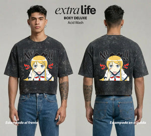Playera streetwear premium de anime y gaming ExtraLife MX, corte boxy deluxe mineral wash heavyweight en color Acid Wash, moda urbana mexicana de culto.