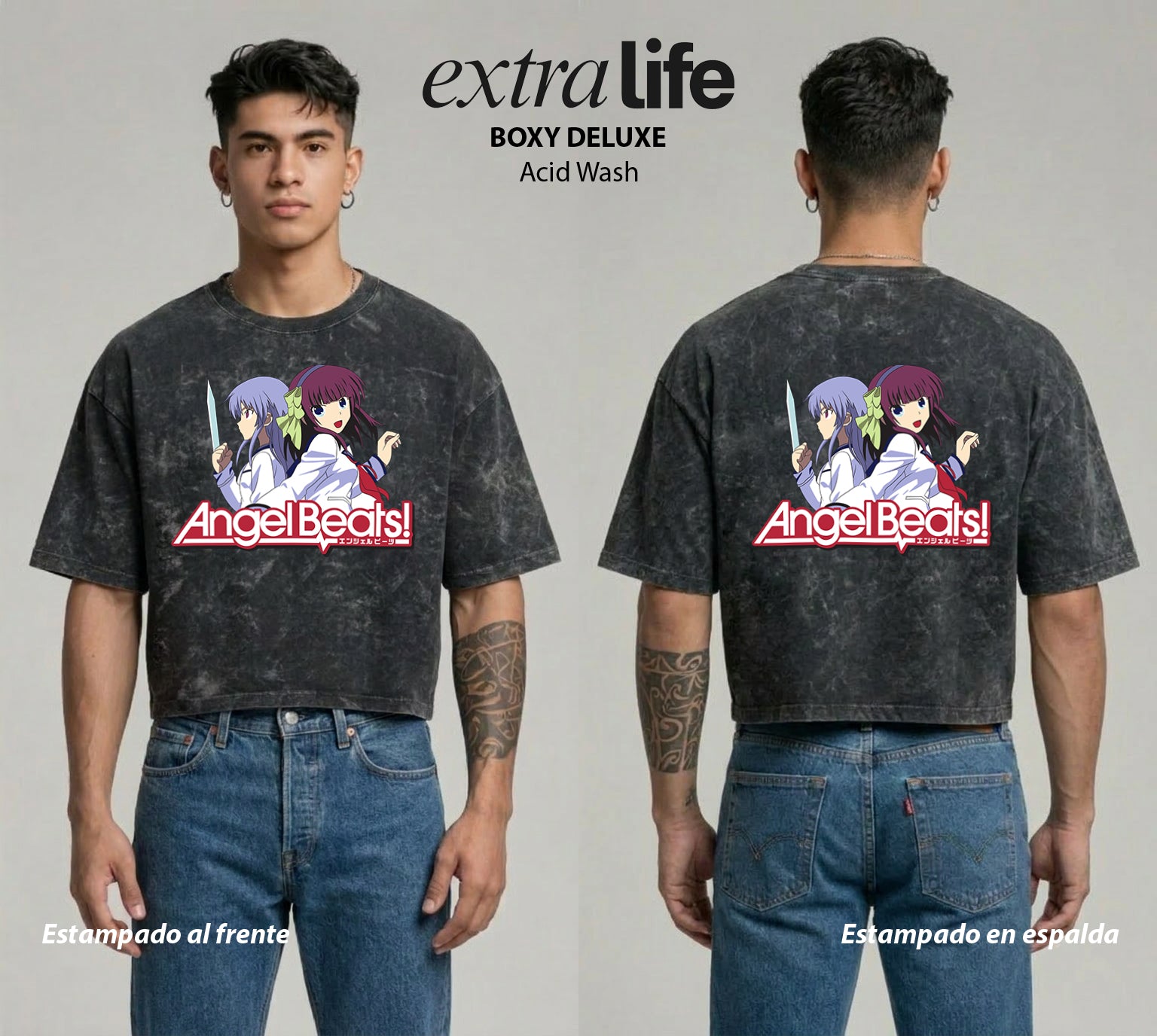 Playera streetwear premium de anime y gaming ExtraLife MX, corte boxy deluxe mineral wash heavyweight en color Acid Wash, moda urbana mexicana de culto.
