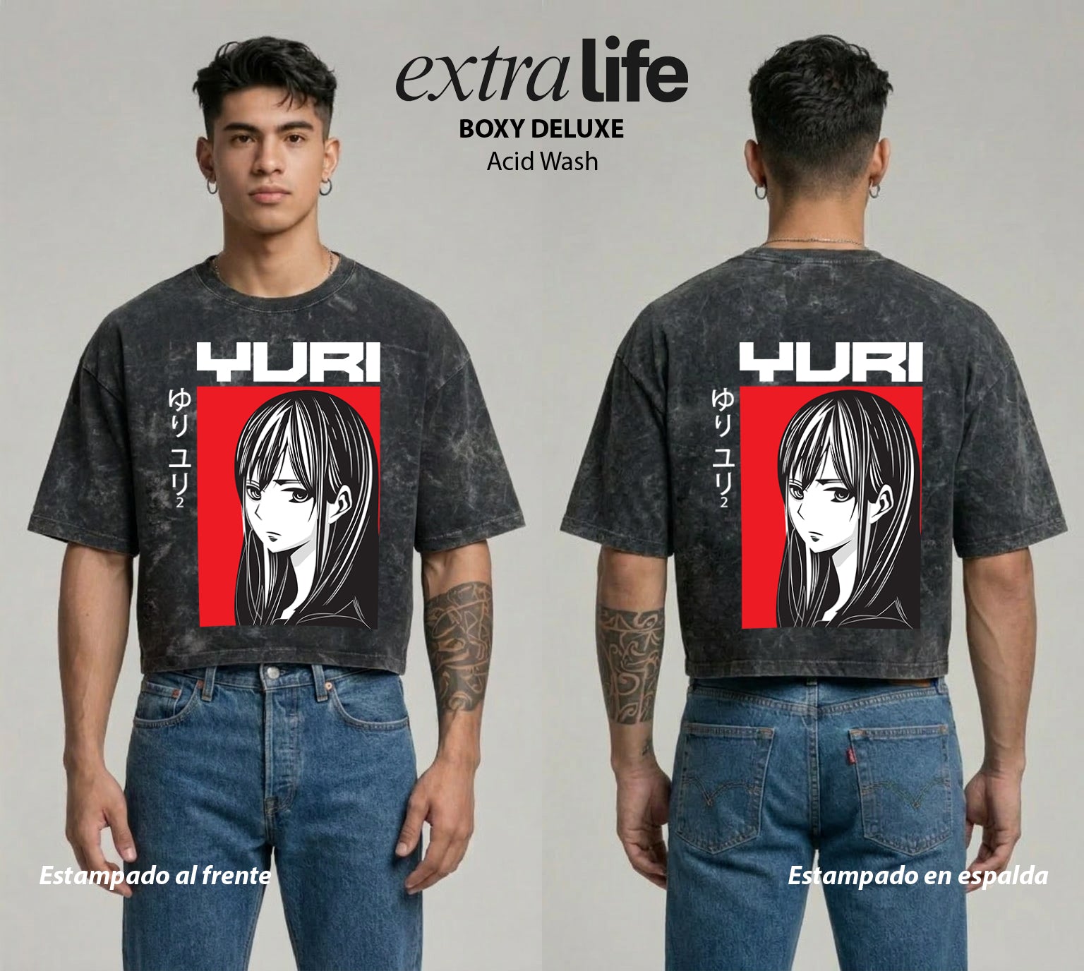Playera streetwear premium de anime y gaming ExtraLife MX, corte boxy deluxe mineral wash heavyweight en color Acid Wash, moda urbana mexicana de culto.