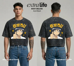 Playera streetwear premium de anime y gaming ExtraLife MX, corte boxy deluxe mineral wash heavyweight en color Acid Wash, moda urbana mexicana de culto.