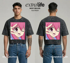 Playera streetwear premium de anime y gaming ExtraLife MX, corte boxy deluxe mineral wash heavyweight en color Acid Wash, moda urbana mexicana de culto.