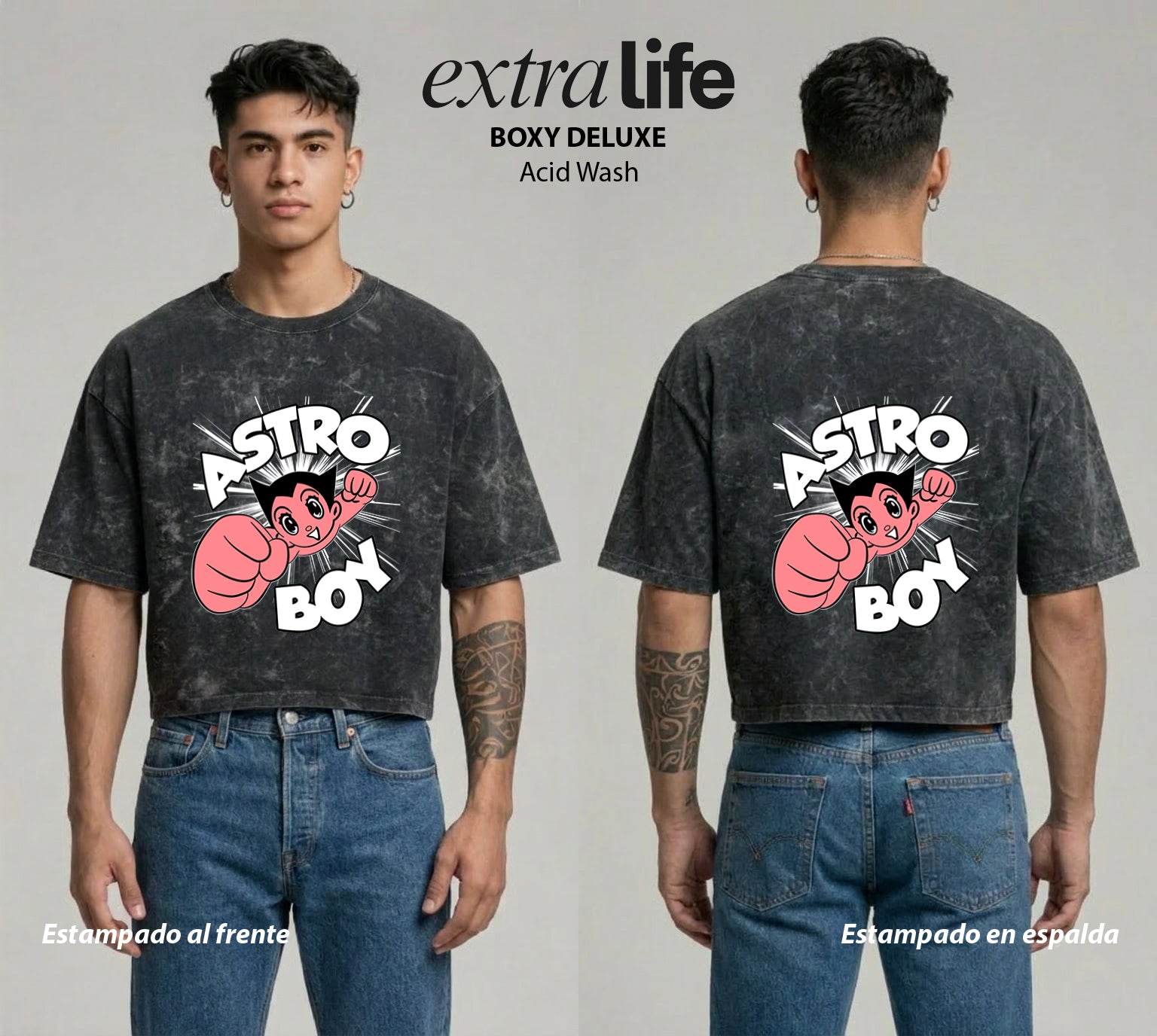 Playera streetwear premium de anime y gaming ExtraLife MX, corte boxy deluxe mineral wash heavyweight en color Acid Wash, moda urbana mexicana de culto.