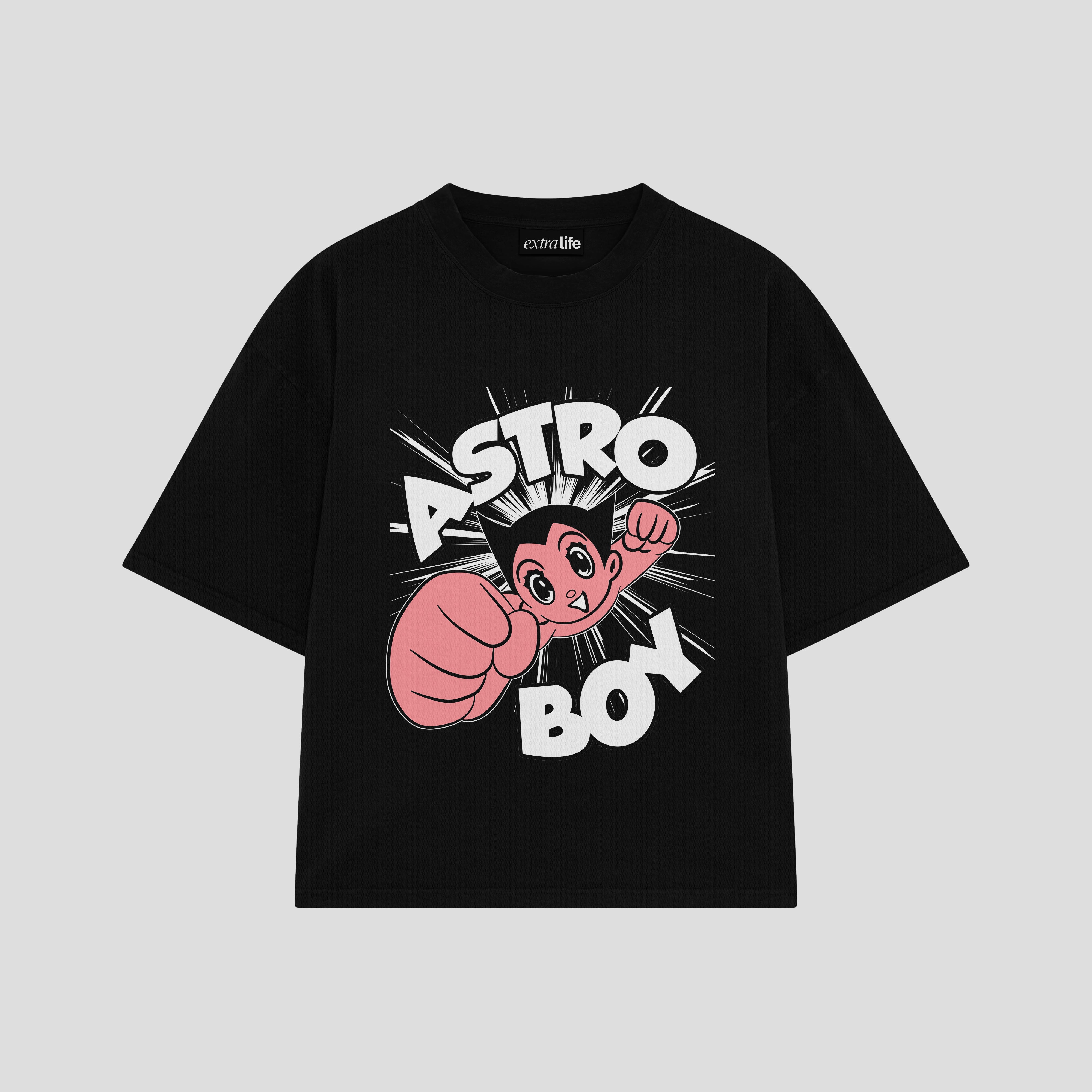 Playera streetwear premium de anime y gaming ExtraLife MX, corte boxy oversized drop shoulder heavyweight en color Deep Black y Off-White, moda urbana mexicana de culto.