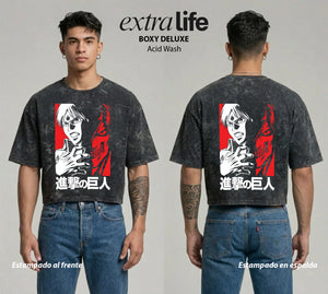 Playera streetwear premium de anime y gaming ExtraLife MX, corte boxy deluxe mineral wash heavyweight en color Acid Wash, moda urbana mexicana de culto.