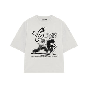 Playera streetwear premium de anime y gaming ExtraLife MX, corte boxy oversized drop shoulder heavyweight en color Deep Black y Off-White, moda urbana mexicana de culto.