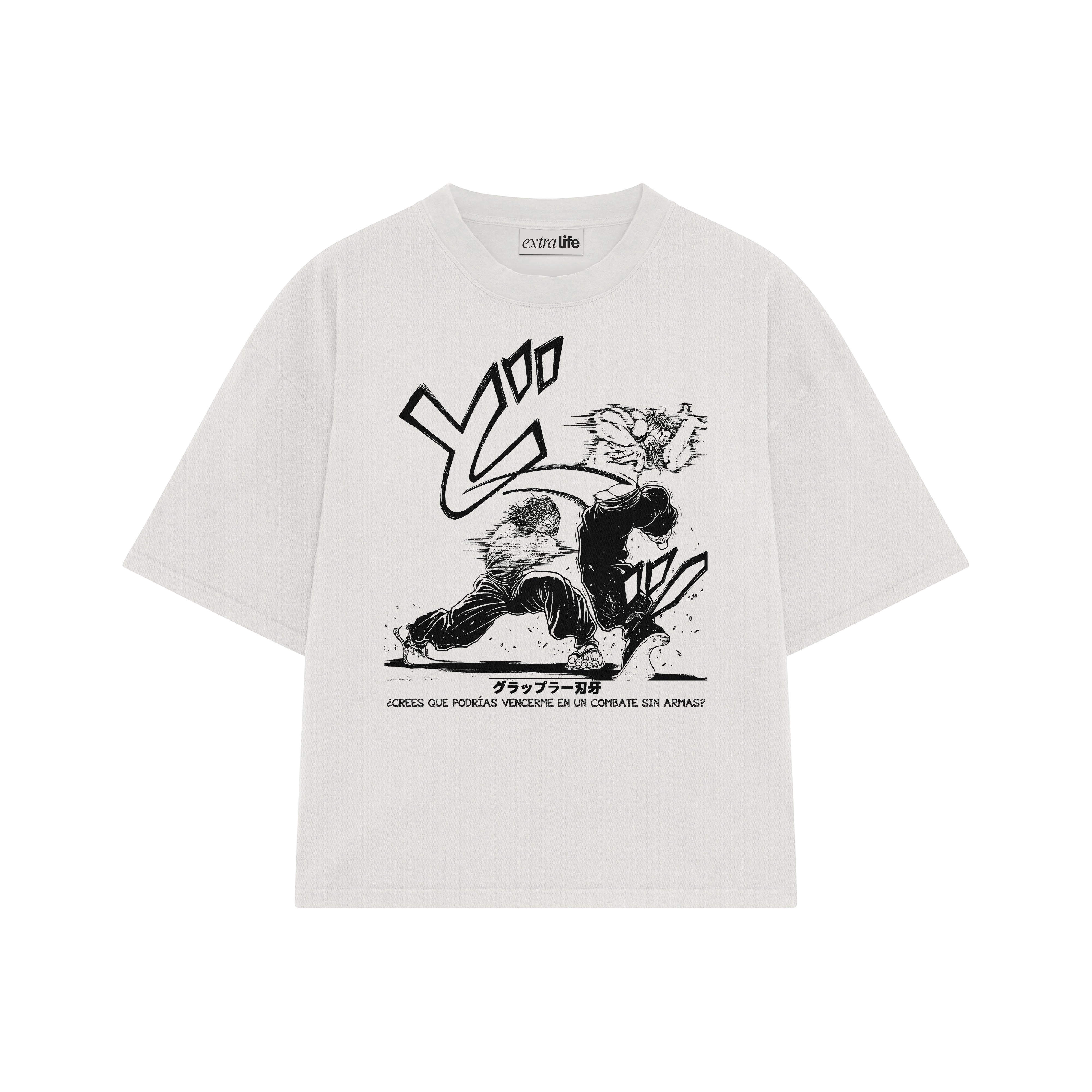 Playera streetwear premium de anime y gaming ExtraLife MX, corte boxy oversized drop shoulder heavyweight en color Deep Black y Off-White, moda urbana mexicana de culto.
