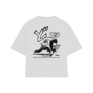 Playera streetwear premium de anime y gaming ExtraLife MX, corte boxy oversized drop shoulder heavyweight en color Deep Black y Off-White, moda urbana mexicana de culto.