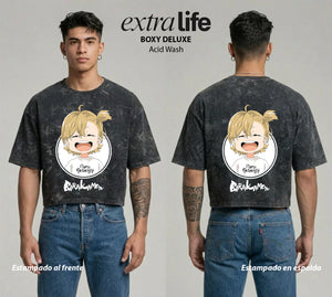 Playera streetwear premium de anime y gaming ExtraLife MX, corte boxy deluxe mineral wash heavyweight en color Acid Wash, moda urbana mexicana de culto.