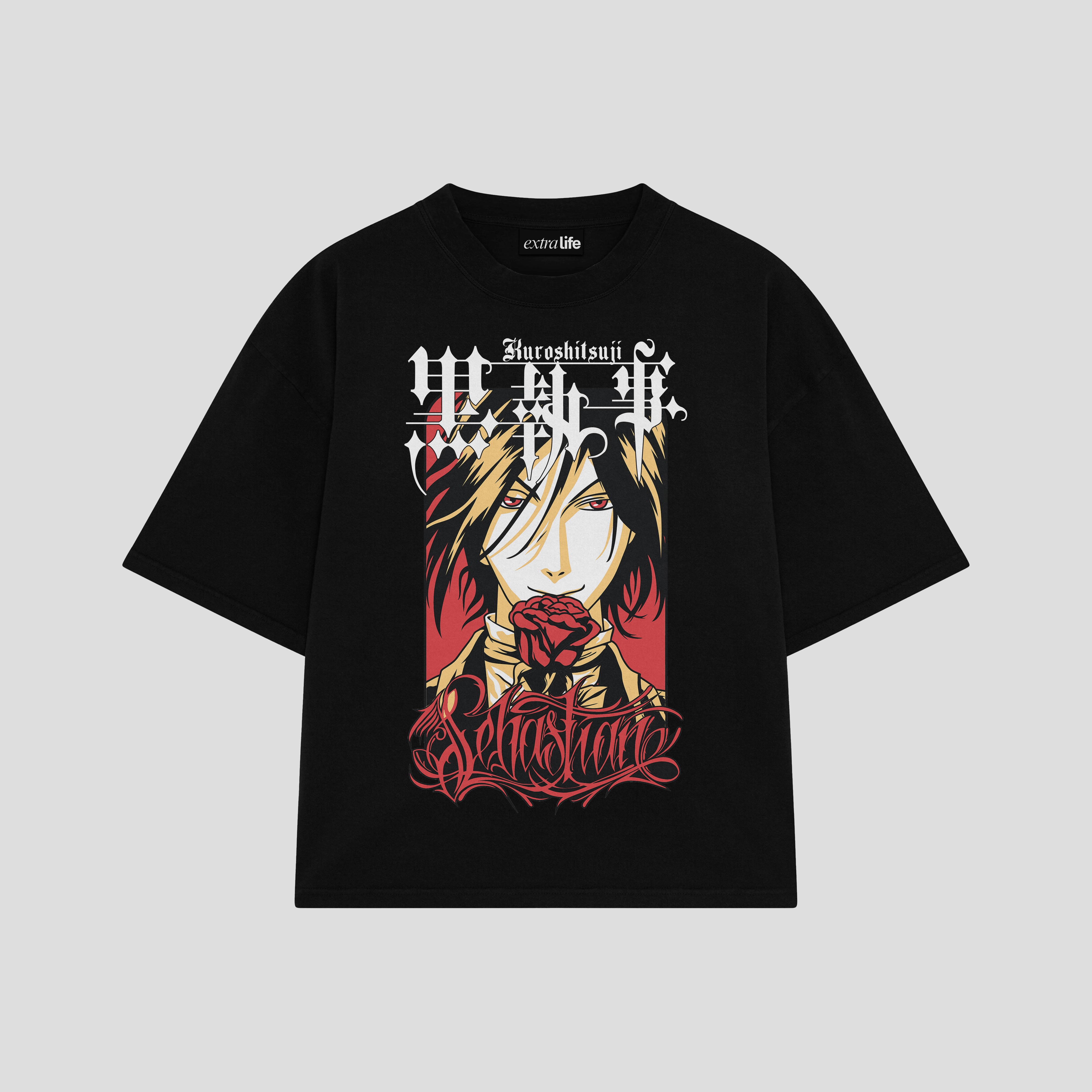 Playera streetwear premium de anime y gaming ExtraLife MX, corte boxy oversized drop shoulder heavyweight en color Deep Black y Off-White, moda urbana mexicana de culto.