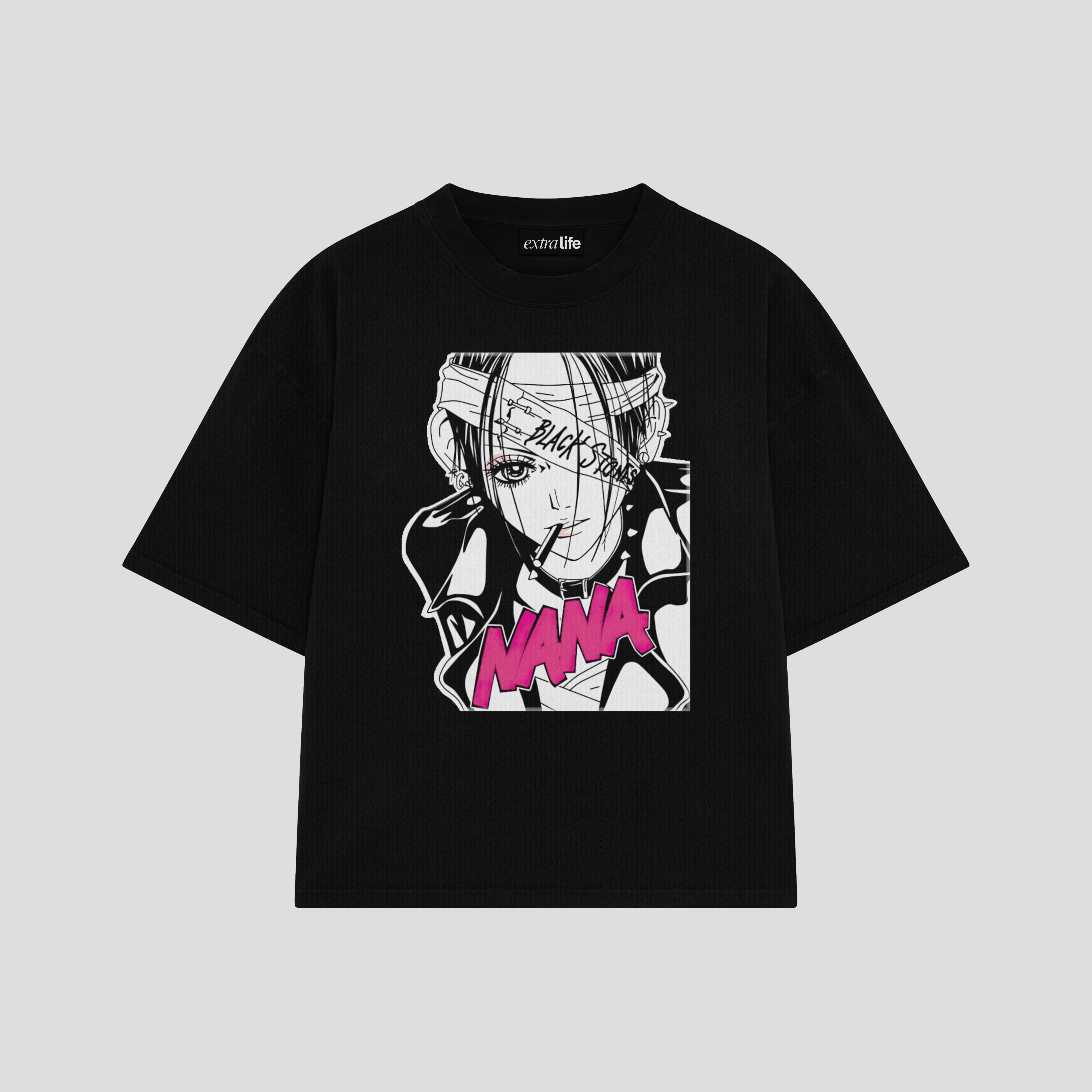 Playera streetwear premium de anime y gaming ExtraLife MX, corte boxy oversized drop shoulder heavyweight en color Deep Black y Off-White, moda urbana mexicana de culto.
