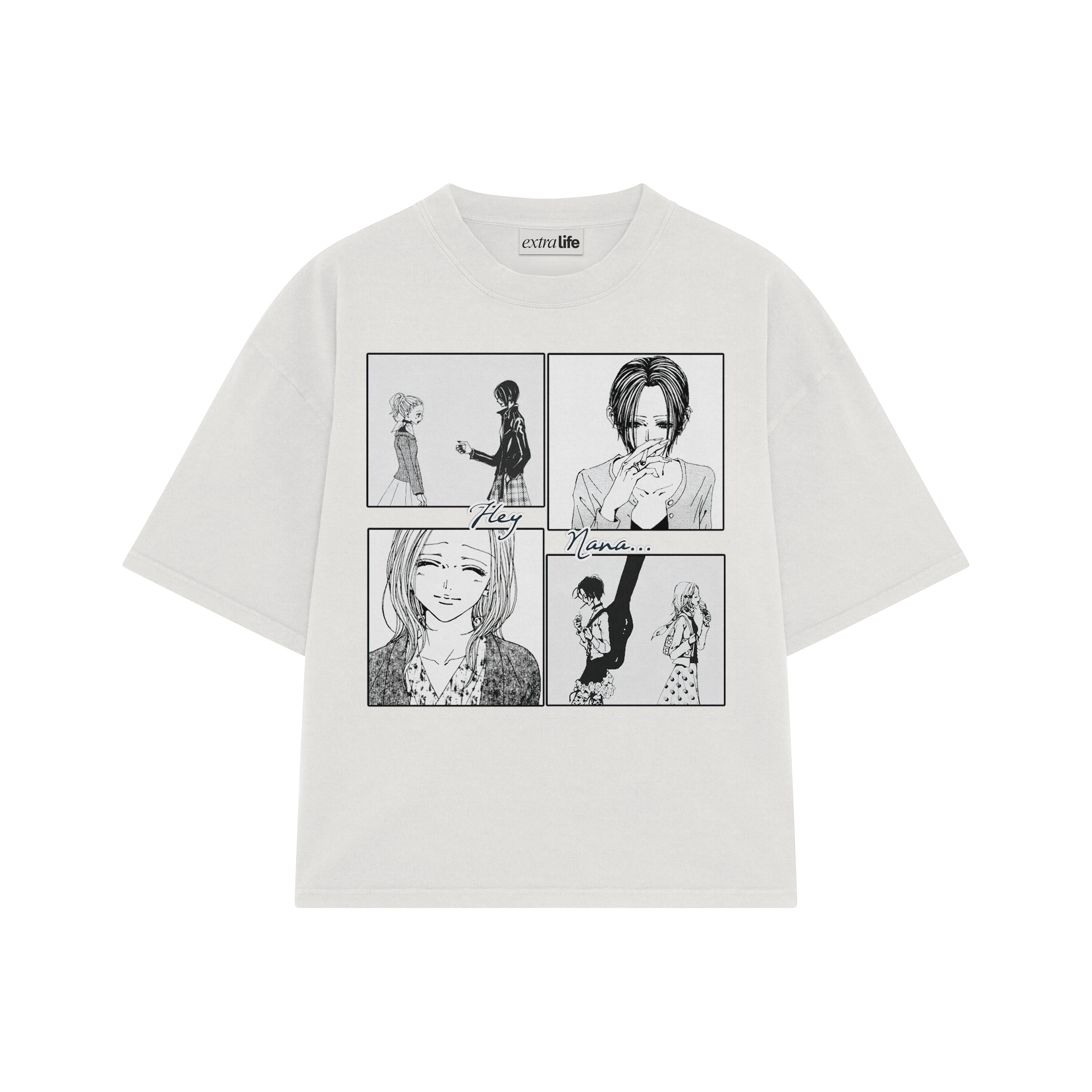 Playera streetwear premium de anime y gaming ExtraLife MX, corte boxy oversized drop shoulder heavyweight en color Deep Black y Off-White, moda urbana mexicana de culto.