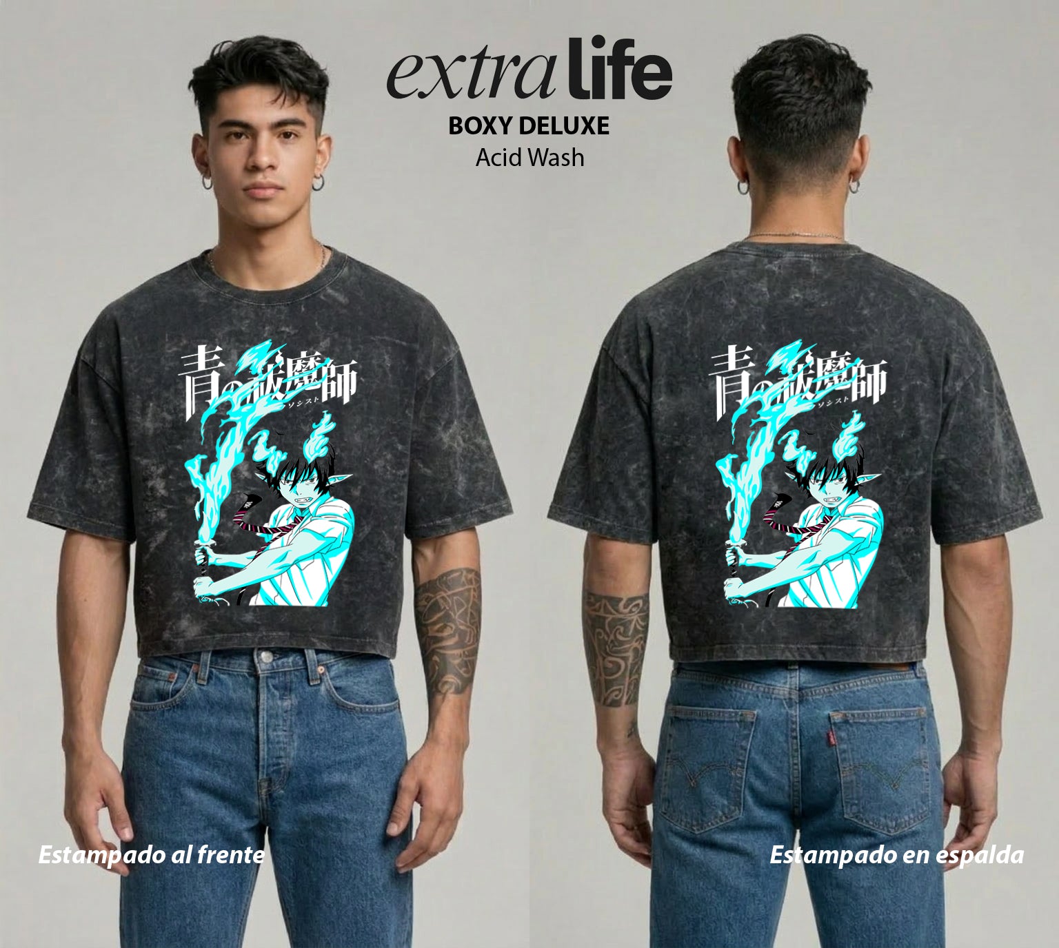 Playera streetwear premium de anime y gaming ExtraLife MX, corte boxy deluxe mineral wash heavyweight en color Acid Wash, moda urbana mexicana de culto.