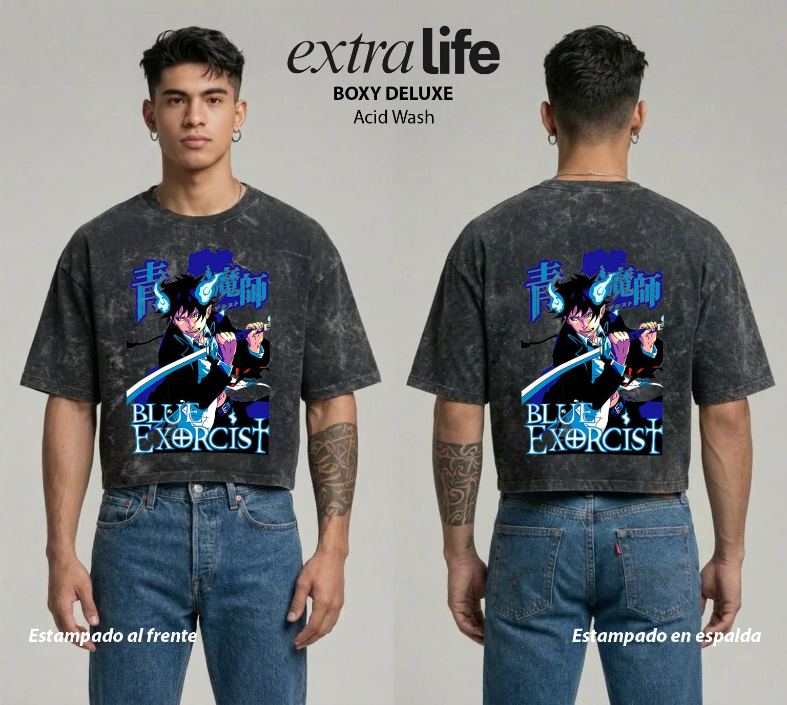 Playera streetwear premium de anime y gaming ExtraLife MX, corte boxy deluxe mineral wash heavyweight en color Acid Wash, moda urbana mexicana de culto.