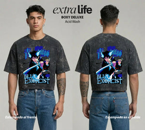 Playera streetwear premium de anime y gaming ExtraLife MX, corte boxy deluxe mineral wash heavyweight en color Acid Wash, moda urbana mexicana de culto.