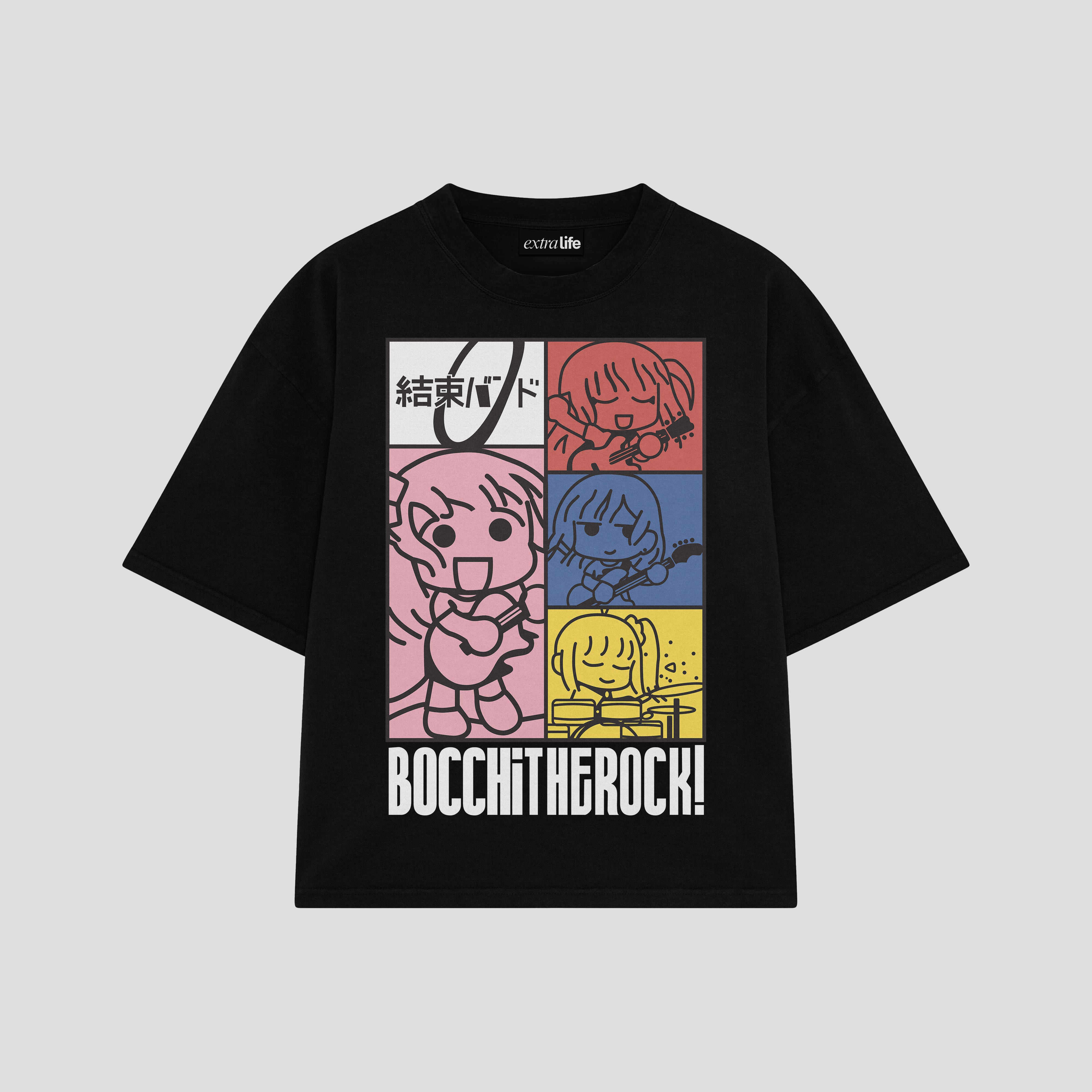 Playera streetwear premium de anime y gaming ExtraLife MX, corte boxy oversized drop shoulder heavyweight en color Deep Black y Off-White, moda urbana mexicana de culto.