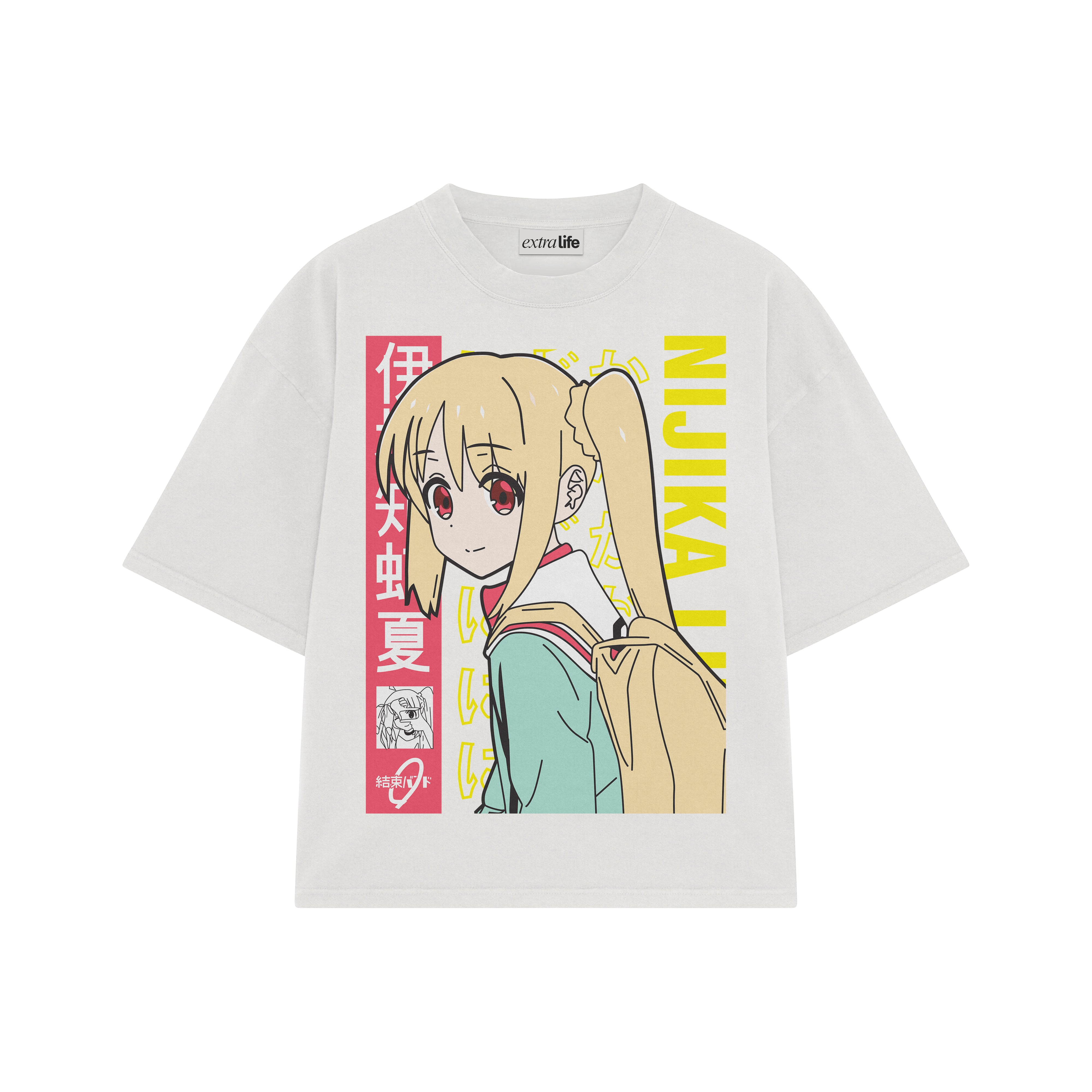 Playera streetwear premium de anime y gaming ExtraLife MX, corte boxy oversized drop shoulder heavyweight en color Deep Black y Off-White, moda urbana mexicana de culto.
