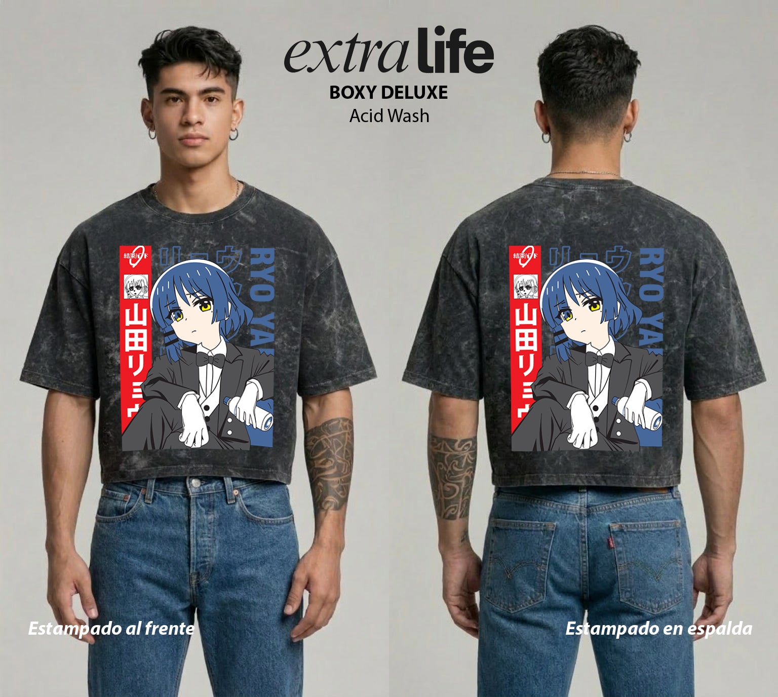 Playera streetwear premium de anime y gaming ExtraLife MX, corte boxy deluxe mineral wash heavyweight en color Acid Wash, moda urbana mexicana de culto.