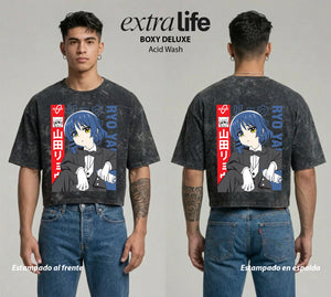 Playera streetwear premium de anime y gaming ExtraLife MX, corte boxy deluxe mineral wash heavyweight en color Acid Wash, moda urbana mexicana de culto.