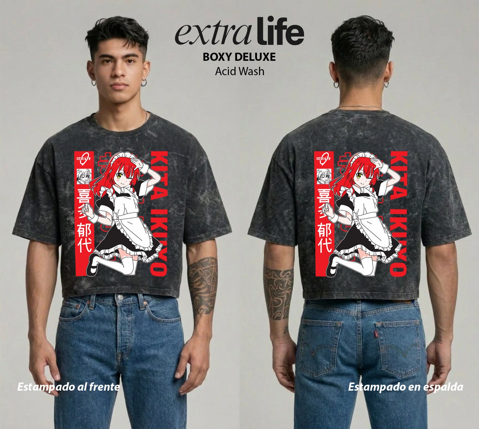 Playera streetwear premium de anime y gaming ExtraLife MX, corte boxy deluxe mineral wash heavyweight en color Acid Wash, moda urbana mexicana de culto.