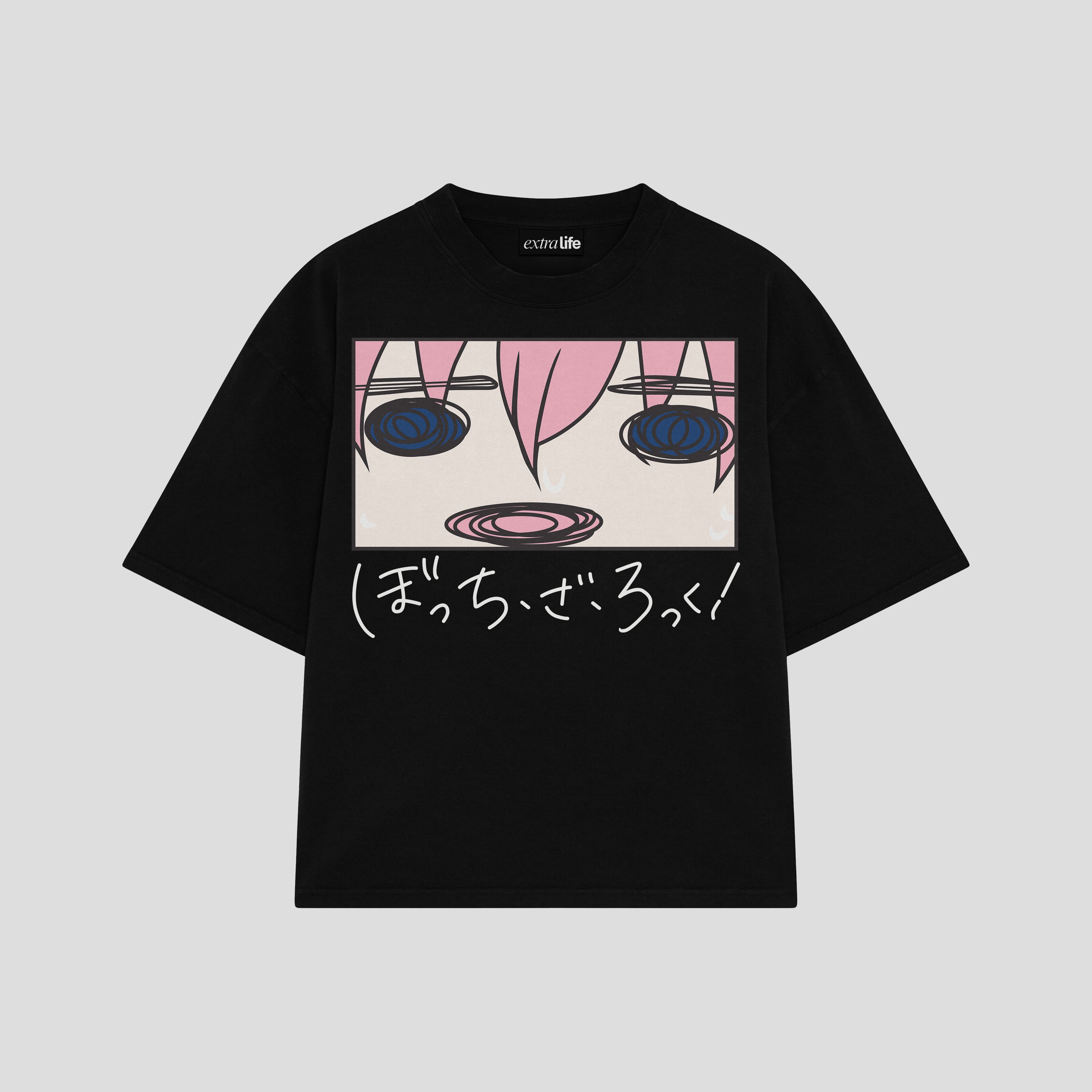 Playera streetwear premium de anime y gaming ExtraLife MX, corte boxy oversized drop shoulder heavyweight en color Deep Black y Off-White, moda urbana mexicana de culto.