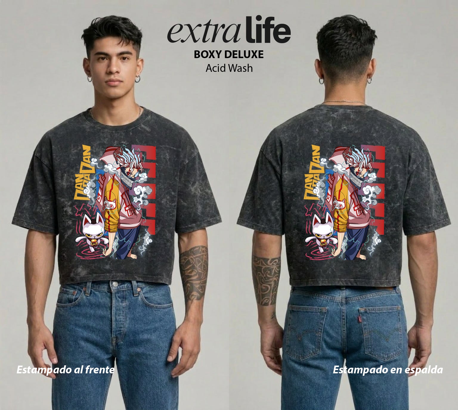 Playera streetwear premium de anime y gaming ExtraLife MX, corte boxy deluxe mineral wash heavyweight en color Acid Wash, moda urbana mexicana de culto.