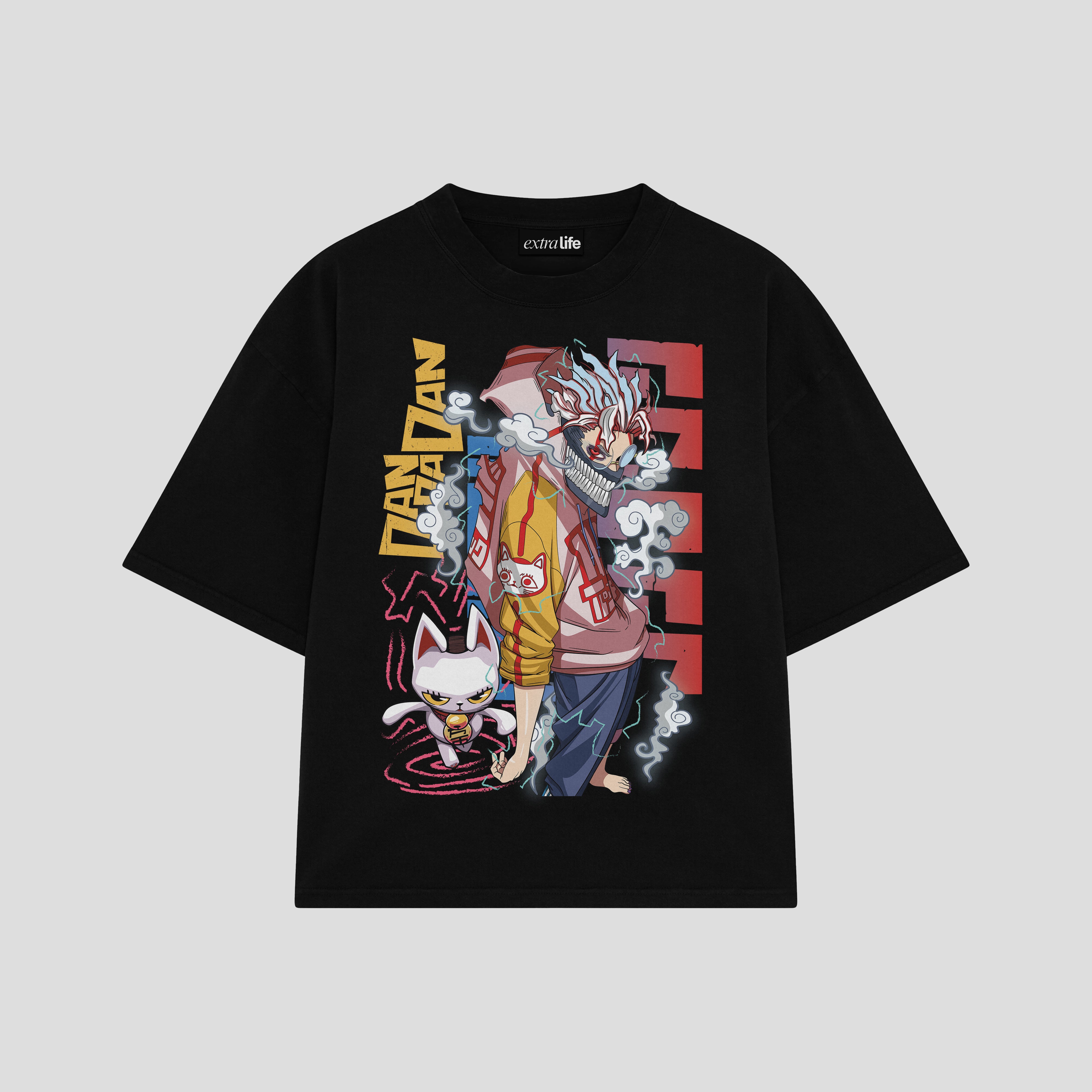 Playera streetwear premium de anime y gaming ExtraLife MX, corte boxy oversized drop shoulder heavyweight en color Deep Black y Off-White, moda urbana mexicana de culto.