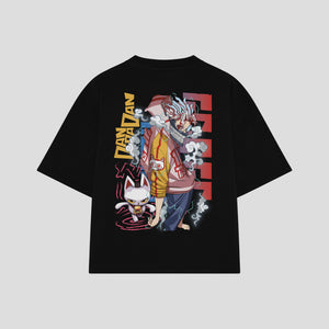 Playera streetwear premium de anime y gaming ExtraLife MX, corte boxy oversized drop shoulder heavyweight en color Deep Black y Off-White, moda urbana mexicana de culto.