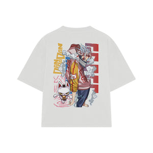 Playera streetwear premium de anime y gaming ExtraLife MX, corte boxy oversized drop shoulder heavyweight en color Deep Black y Off-White, moda urbana mexicana de culto.
