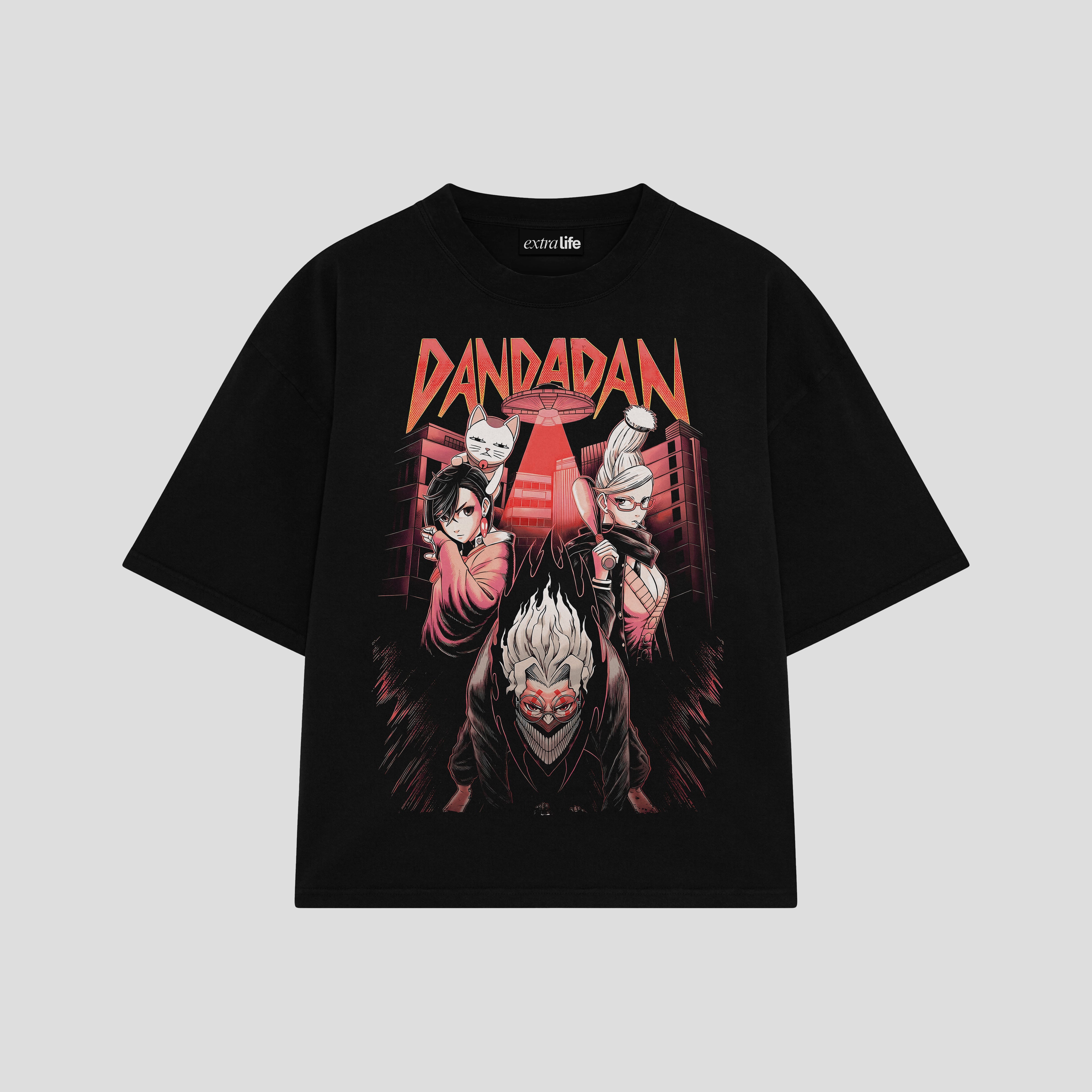 Playera streetwear premium de anime y gaming ExtraLife MX, corte boxy oversized drop shoulder heavyweight en color Deep Black y Off-White, moda urbana mexicana de culto.