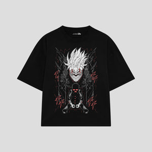 Playera streetwear premium de anime y gaming ExtraLife MX, corte boxy oversized drop shoulder heavyweight en color Deep Black y Off-White, moda urbana mexicana de culto.