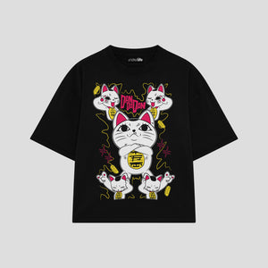 Playera streetwear premium de anime y gaming ExtraLife MX, corte boxy oversized drop shoulder heavyweight en color Deep Black y Off-White, moda urbana mexicana de culto.